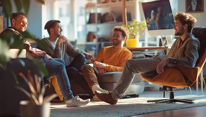 Un groupe de salariés discutant dans la salle de pause de leur entreprise. Les rémunérations sans charge sont un moyen supplémentaire de satisfaire les salariés.